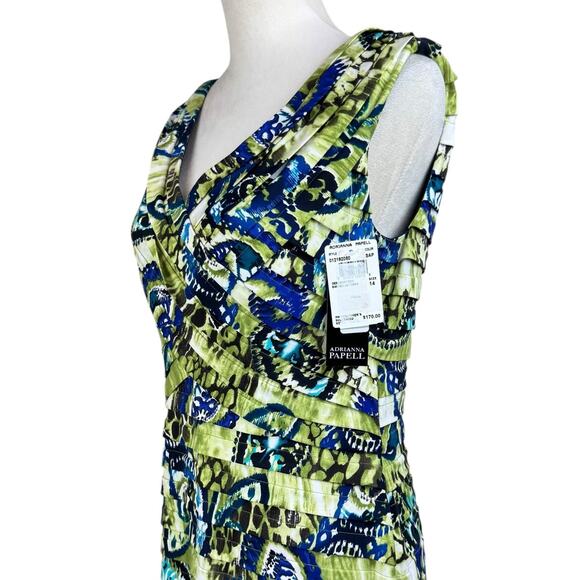 Adrianna Papell NWT Banded Jersey Green Colorful Print Layered Sheath Dress - Picture 5 of 13